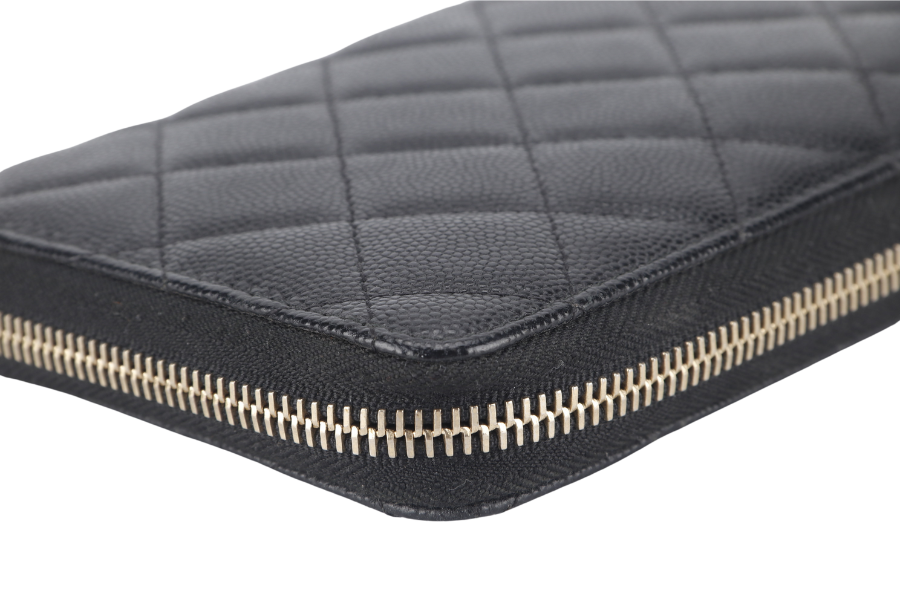 CHANEL ZIP AROUND WALLET (2450xxxx) BLACK CAVIAR LEATHER GOLD HARDWARE WITH  AND BOX