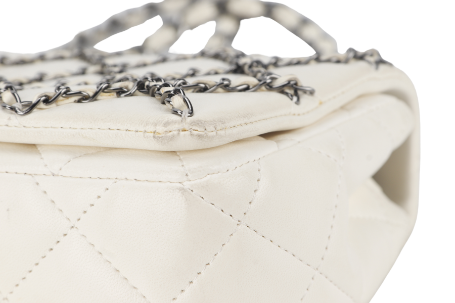CHANEL QUILTING ENCHAINED FLAP BAG (1968xxxx) WHITE LAMBSKIN LEATHER SILVER HARDWARE WITH , DUST COVER AND BOX