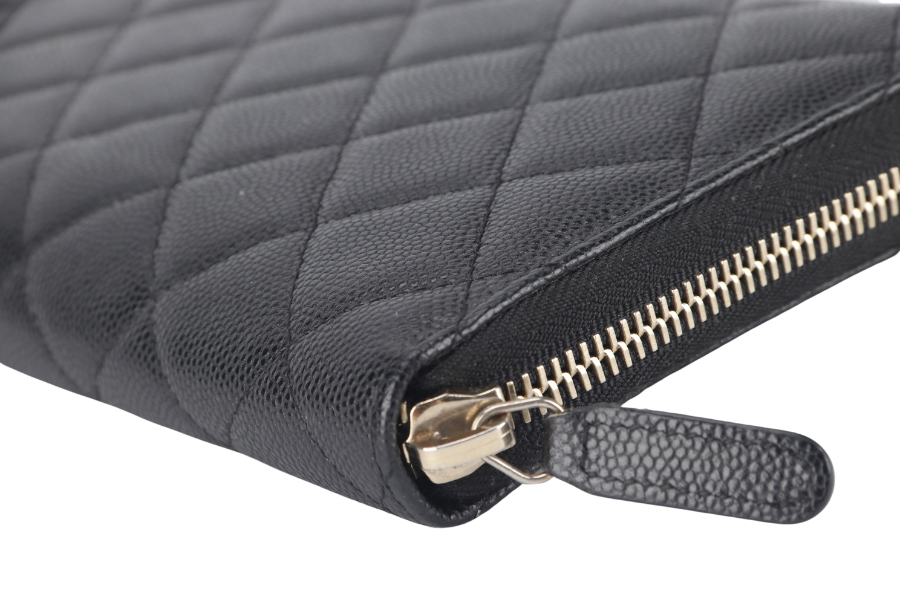 CHANEL ZIP AROUND WALLET (2450xxxx) BLACK CAVIAR LEATHER GOLD HARDWARE WITH  AND BOX