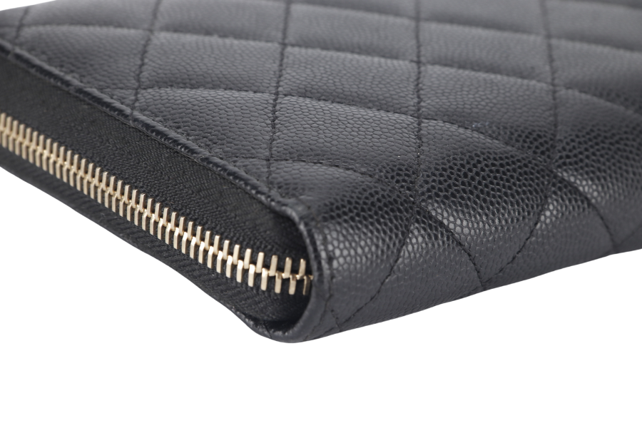 CHANEL ZIP AROUND WALLET (2450xxxx) BLACK CAVIAR LEATHER GOLD HARDWARE WITH  AND BOX