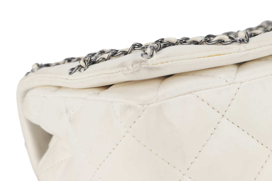CHANEL QUILTING ENCHAINED FLAP BAG (1968xxxx) WHITE LAMBSKIN LEATHER SILVER HARDWARE WITH , DUST COVER AND BOX
