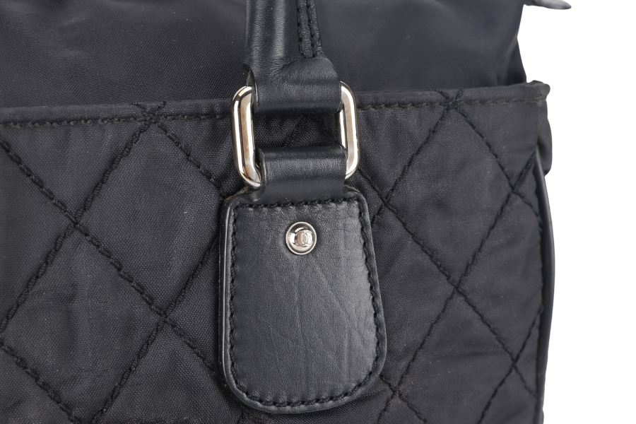 CHANEL PARIS NEW YORK TOTE BAG (1082xxxx) BLACK NYLON SILVER HARDWARE WITH