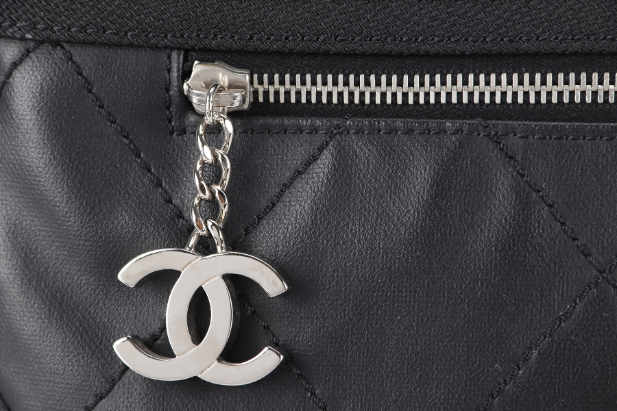 CHANEL PARIS BIARRITZ MEDIUM TOTE (1251xxxx) BLACK COATED CANVAS SILVER HARDWARE WITH , DUST COVER AND BOX