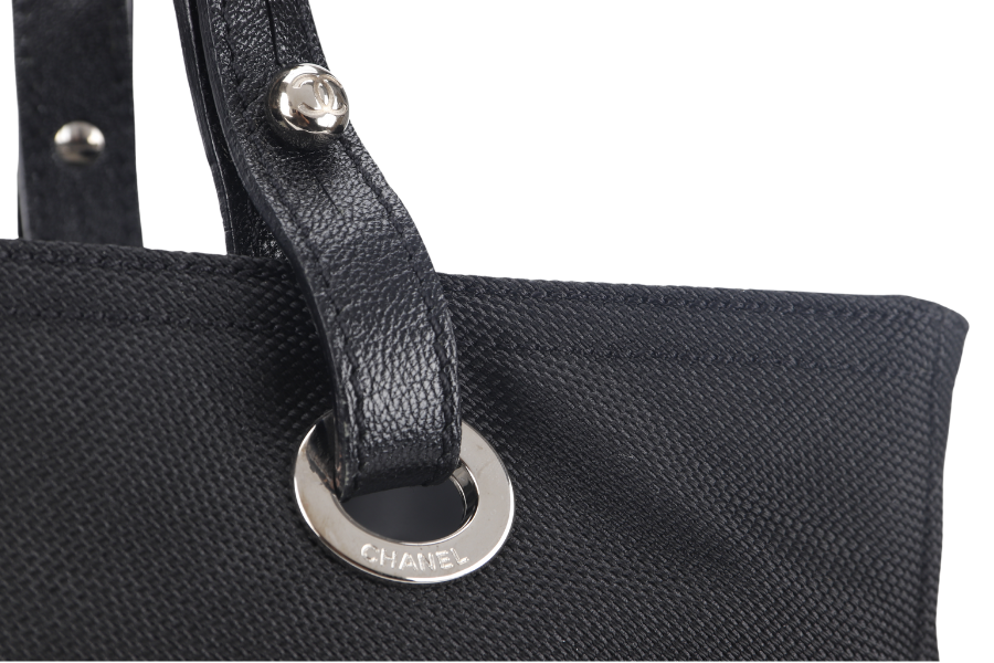 CHANEL PARIS BIARRITZ MEDIUM TOTE (1251xxxx) BLACK COATED CANVAS SILVER HARDWARE WITH , DUST COVER AND BOX