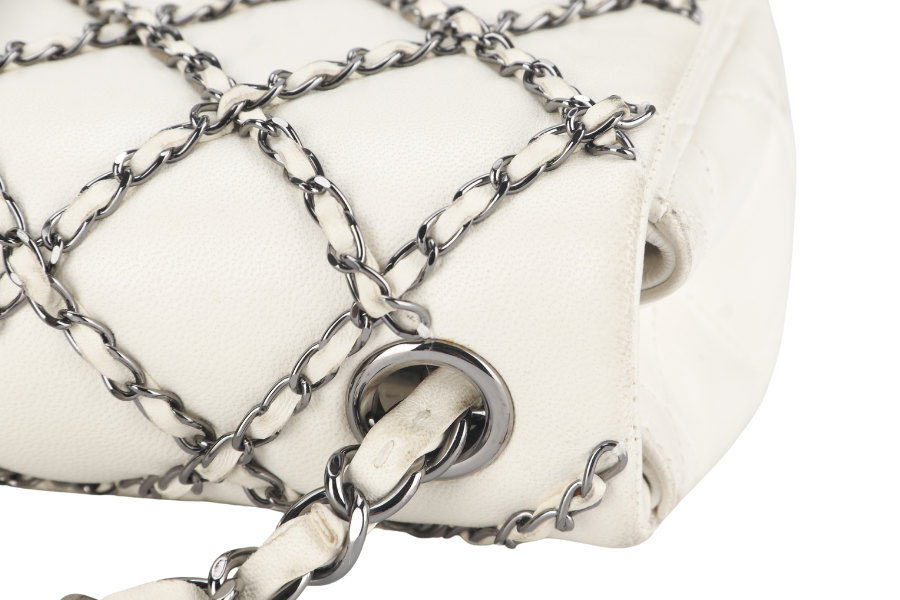 CHANEL QUILTING ENCHAINED FLAP BAG (1968xxxx) WHITE LAMBSKIN LEATHER SILVER HARDWARE WITH , DUST COVER AND BOX