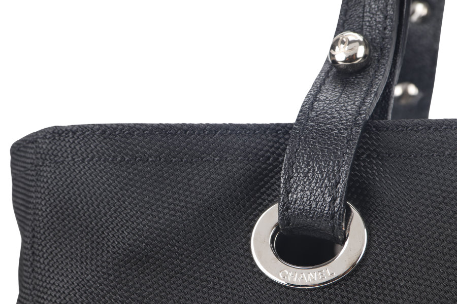 CHANEL PARIS BIARRITZ MEDIUM TOTE (1251xxxx) BLACK COATED CANVAS SILVER HARDWARE WITH , DUST COVER AND BOX