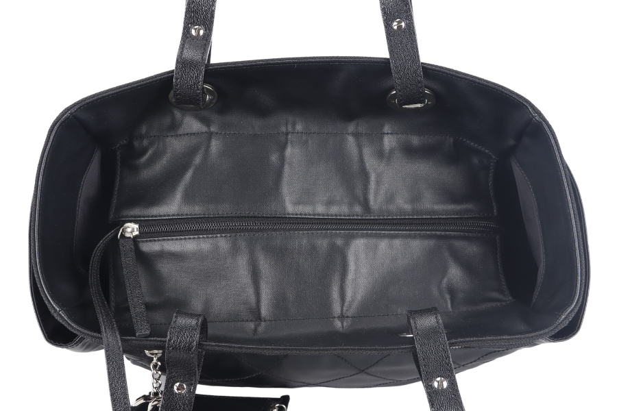 CHANEL PARIS BIARRITZ MEDIUM TOTE (1251xxxx) BLACK COATED CANVAS SILVER HARDWARE WITH , DUST COVER AND BOX