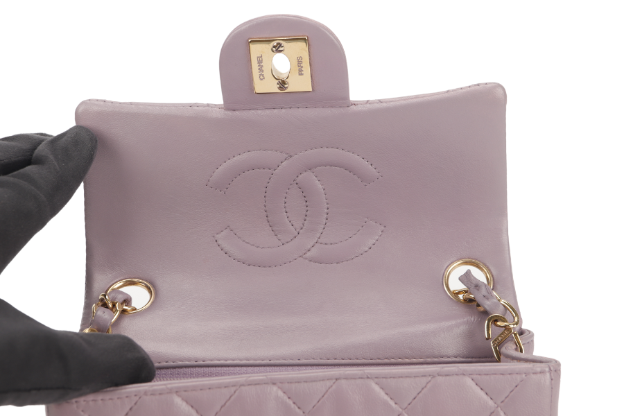 CHANEL VINTAGE CLASSIC FLAP MINI SQUARE (795xxxx) LILAC LAMBSKIN GOLD HARDWARE WITH  AND DUST COVER