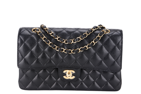 CHANEL CLASSIC FLAP (A047xxxx) MEDIUM BLACK CAVIAR GOLD HARDWARE, WITH DUST COVER & BOX