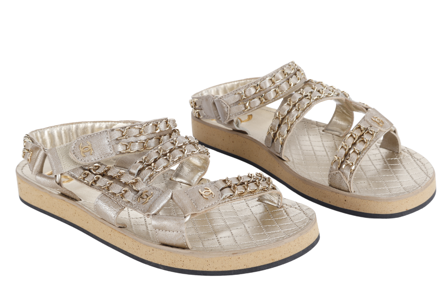 CHANEL CHAIN SANDAL GOLDEN LEATHER SIZE 37.5 WITH DUST COVER