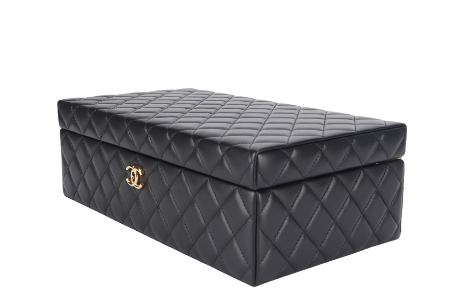 CHANEL BLACK VANITY CASE LIMITED EDITION (2500xxxx) RARA HOME DECOR COSMETIC JEWELRY BOX WITH DUST COVER AND BOX