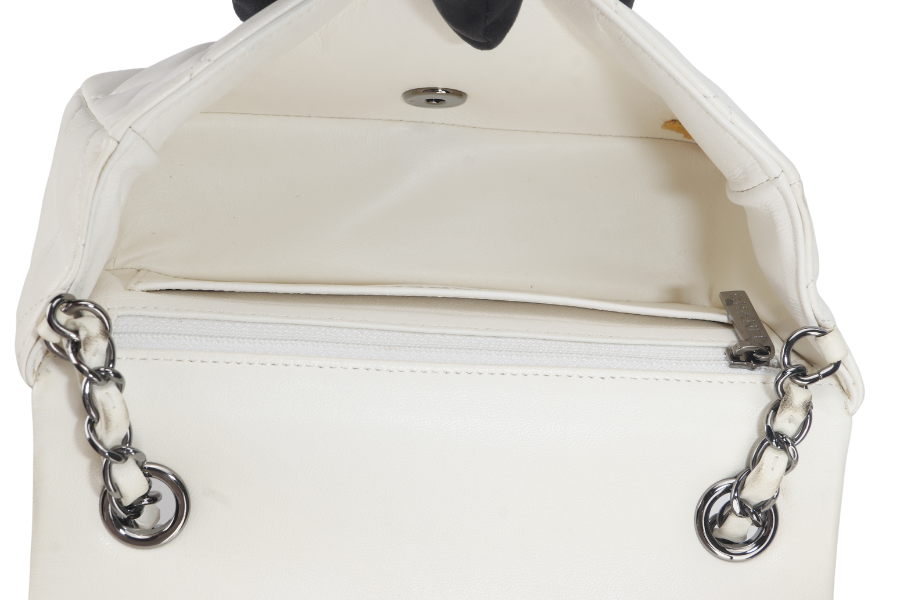 CHANEL QUILTING ENCHAINED FLAP BAG (1968xxxx) WHITE LAMBSKIN LEATHER SILVER HARDWARE WITH , DUST COVER AND BOX