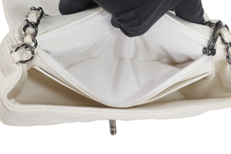 CHANEL QUILTING ENCHAINED FLAP BAG (1968xxxx) WHITE LAMBSKIN LEATHER SILVER HARDWARE WITH , DUST COVER AND BOX