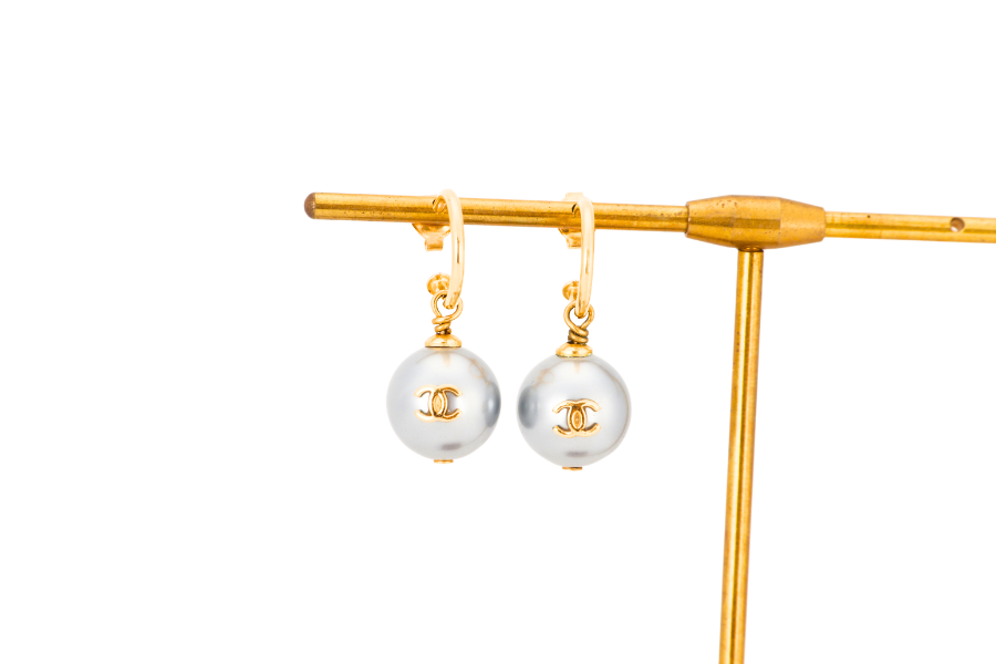CHANEL GREY FAUX PEARL WITH GOLD J SHAPED EARRINGS, NO BOX