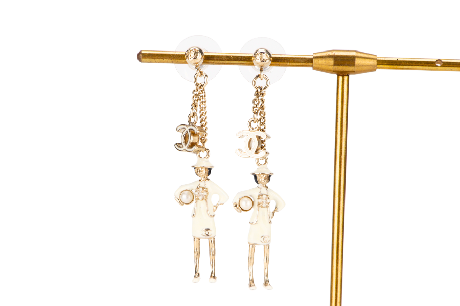 CHANEL WHITE ENAMEL COCO FIGURINE DROP EARRING, NO BOX
