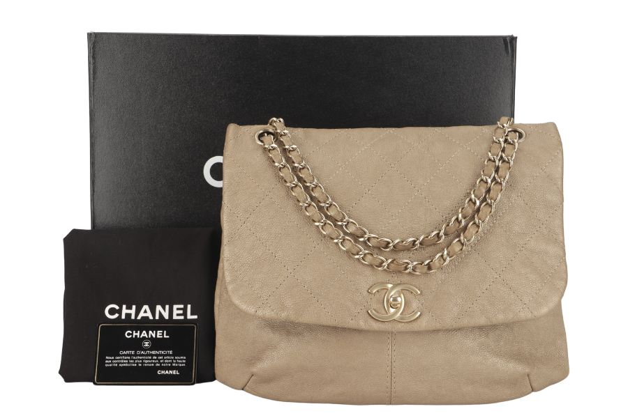 CHANEL TRIANON MESSENGER BAG (1746xxxx) GOLD DISTRESSED LEATHER GOLD HARDWARE WITH DUST COVER ,  AND BOX