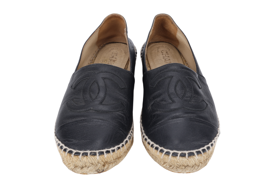 CHANEL ESPADRILLES SHOES BLACK LEATHER SIZE 38 WITH DUST COVER