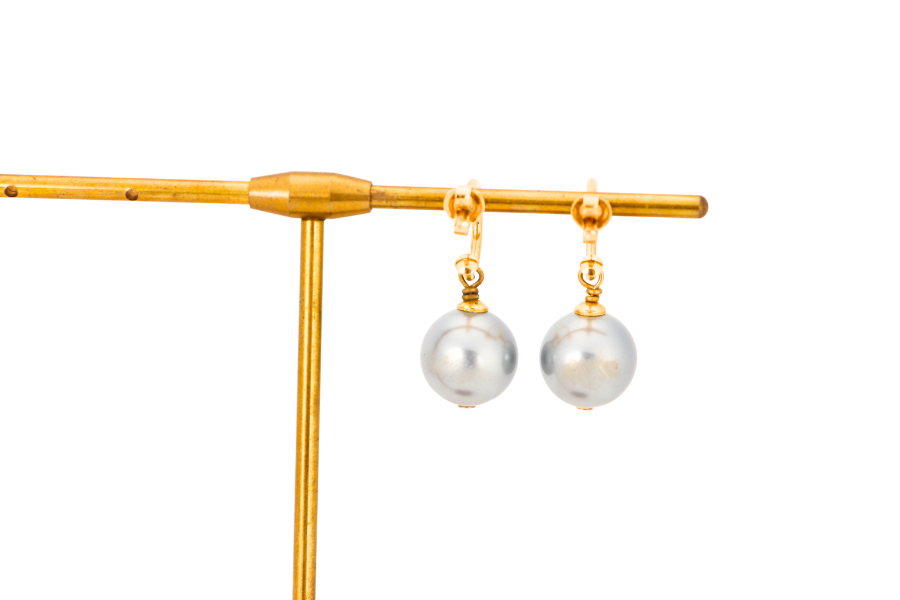 CHANEL GREY FAUX PEARL WITH GOLD J SHAPED EARRINGS, NO BOX