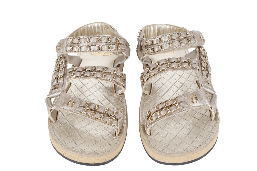 CHANEL CHAIN SANDAL GOLDEN LEATHER SIZE 37.5 WITH DUST COVER