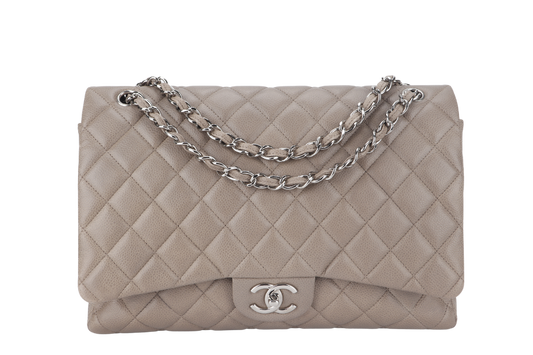 CHANEL CLASSIC DOUBLE FLAP MAXI (1444xxxx) BROWN CAVIAR LEATHER SILVER HARDWARE WITH  AND DUST COVER