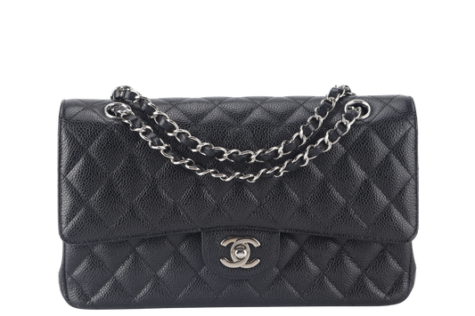 CHANEL CLASSIC FLAP (2618xxxx) MEDIUM BLACK CAVIAR SILVER HARDWARE NO  WITH DUST COVER AND BOX
