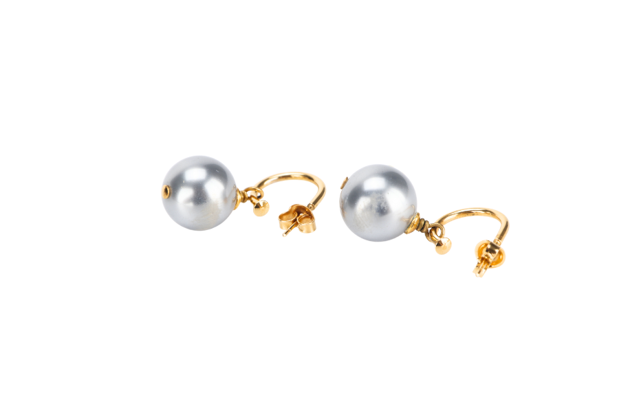 CHANEL GREY FAUX PEARL WITH GOLD J SHAPED EARRINGS, NO BOX