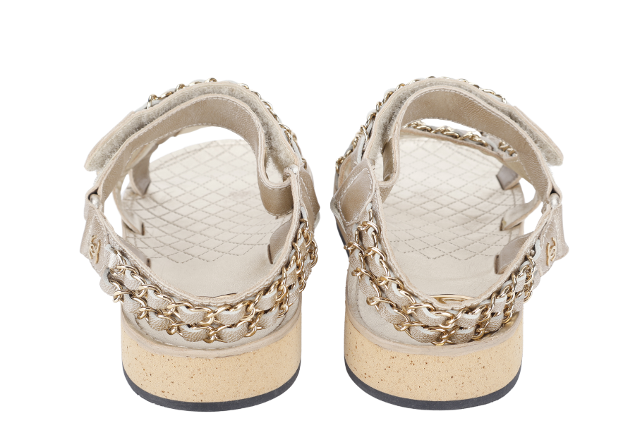 CHANEL CHAIN SANDAL GOLDEN LEATHER SIZE 37.5 WITH DUST COVER