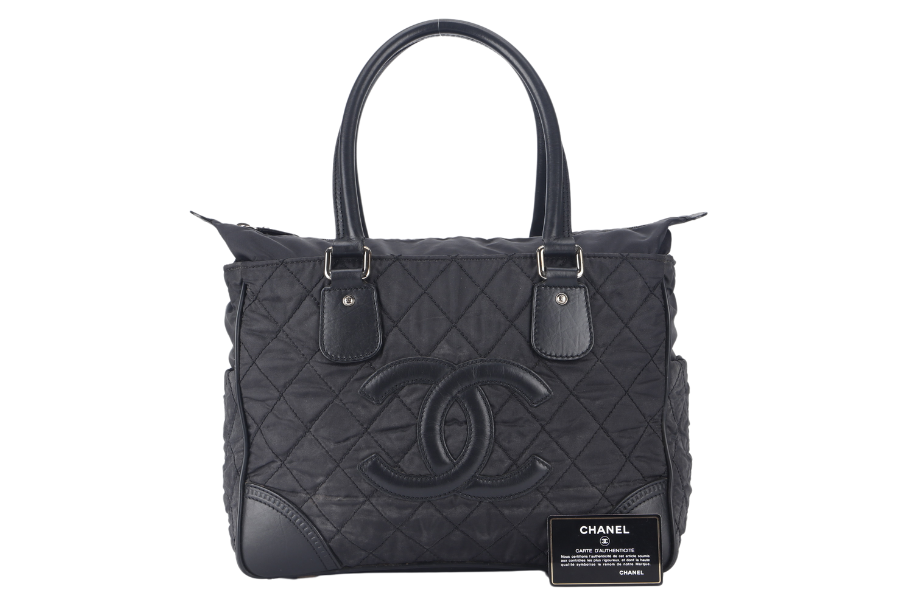 CHANEL PARIS NEW YORK TOTE BAG (1082xxxx) BLACK NYLON SILVER HARDWARE WITH