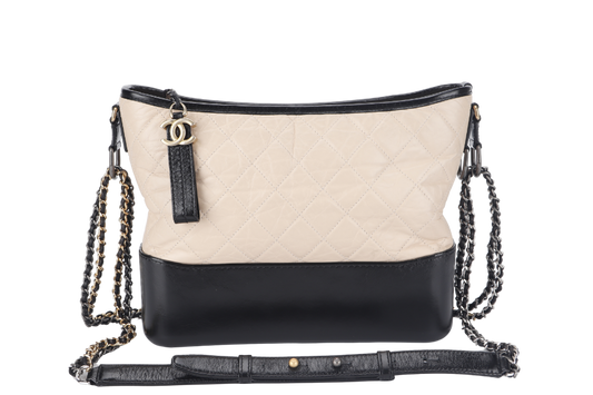 CHANEL GABRIELLE MEDIUM (254xxxx) BEIGE BLACK AGED CALFSKIN GOLD TONE/SILVER TONE & RUTHENIUM HARDWARE WITH DUST COVER