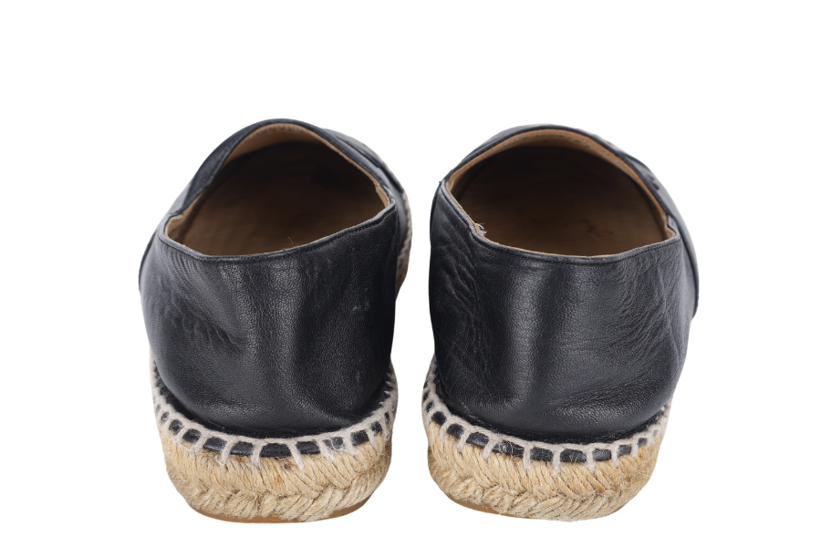 CHANEL ESPADRILLES SHOES BLACK LEATHER SIZE 38 WITH DUST COVER
