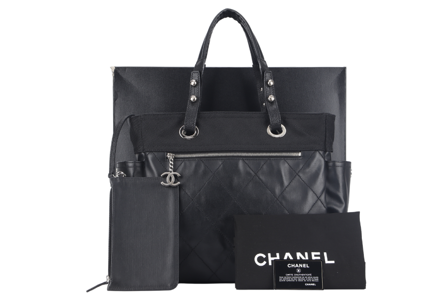 CHANEL PARIS BIARRITZ MEDIUM TOTE (1251xxxx) BLACK COATED CANVAS SILVER HARDWARE WITH , DUST COVER AND BOX