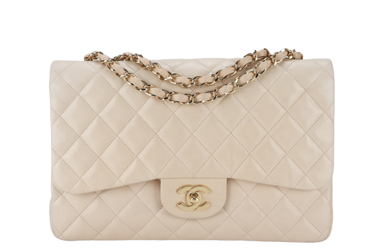 CHANEL CLASSIC SINGLE FLAP (1309xxxx) JUMBO BEIGE LAMBSKIN GOLD HARDWARE WITH