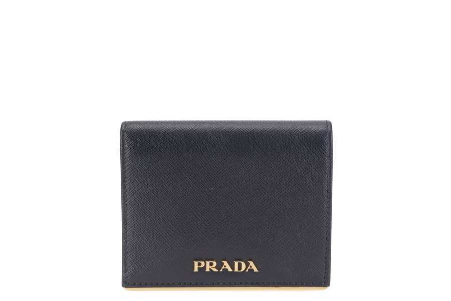 PRADA BLACK SAFFIANO CARD CASE WITH COIN POUCH GOLD HARDWARE NO CARD WITH BOX