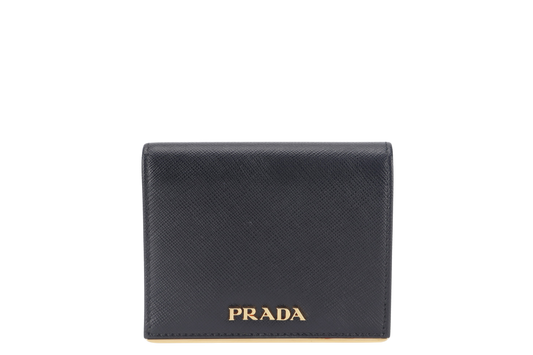 PRADA BLACK SAFFIANO CARD CASE WITH COIN POUCH GOLD HARDWARE NO CARD WITH BOX