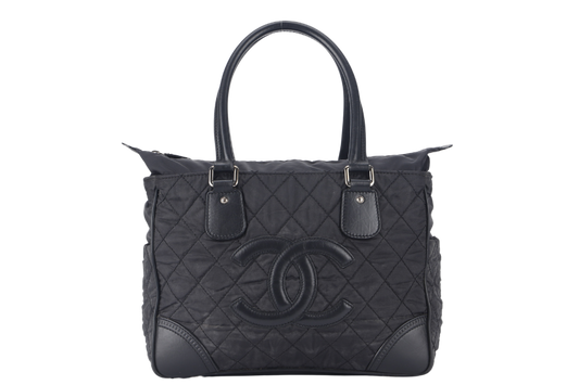 CHANEL PARIS NEW YORK TOTE BAG (1082xxxx) BLACK NYLON SILVER HARDWARE WITH