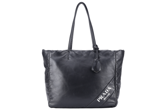 PRADA TOTE BAG (1BG223) NERO BLACK SHOULDER NAPPA SOFT LEATHER SILVER HARDWARE WITH DUST COVER