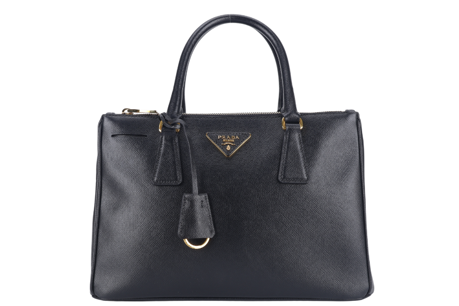 PRADA BN1801 DOUBLE ZIP SATCHEL BAG BLACK SAFFIANO LEATHER GOLD HARDWARE WITH STRAPS, CARD AND DUST COVER