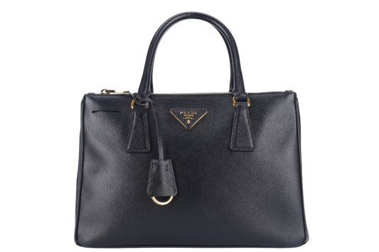 PRADA BN1801 DOUBLE ZIP SATCHEL BAG BLACK SAFFIANO LEATHER GOLD HARDWARE WITH STRAPS, CARD AND DUST COVER