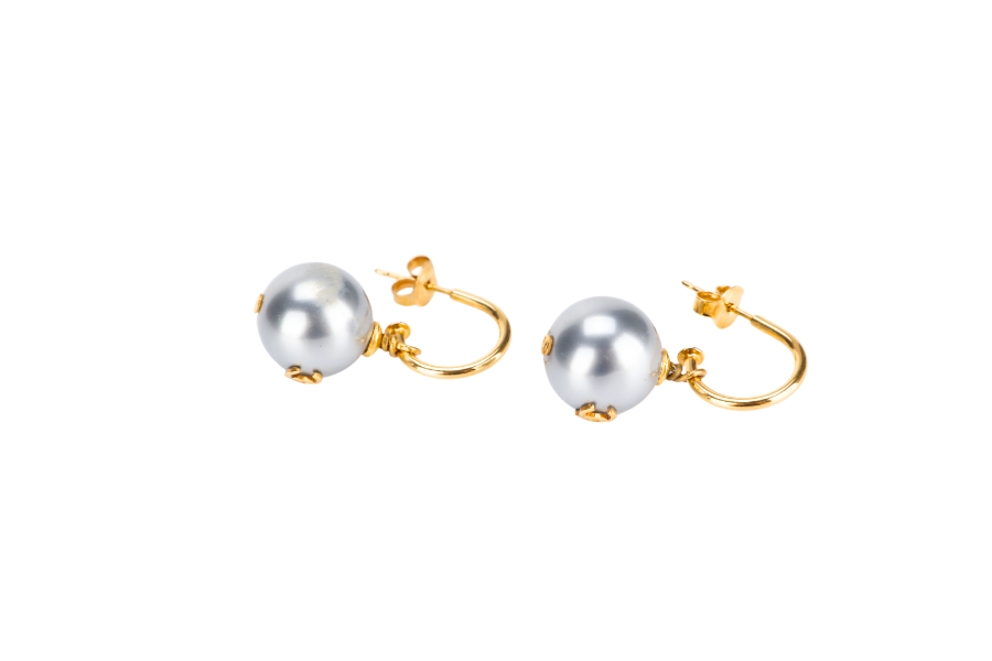 CHANEL GREY FAUX PEARL WITH GOLD J SHAPED EARRINGS, NO BOX