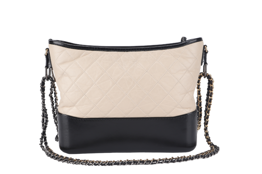 CHANEL GABRIELLE MEDIUM (254xxxx) BEIGE BLACK AGED CALFSKIN GOLD TONE/SILVER TONE & RUTHENIUM HARDWARE WITH DUST COVER
