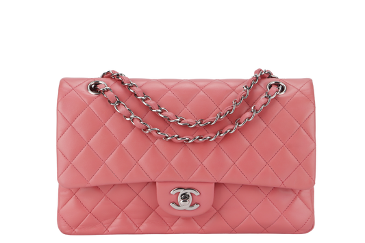 CHANEL FLAP MEDIUM (1632xxxx) PINK LAMBSKIN LEATHER SILVER HARDWARE WITH , DUST COVER AND BOX