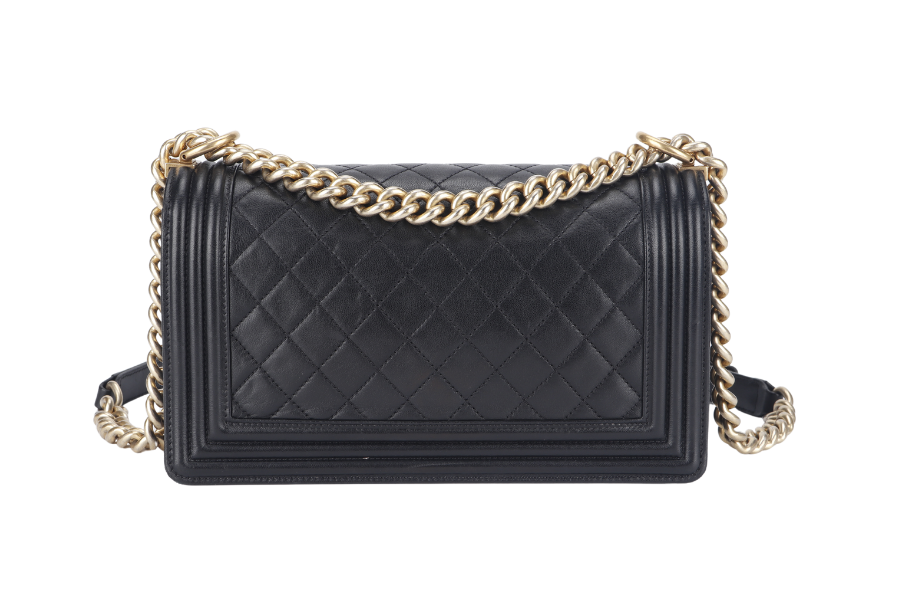 CHANEL LE BOY OLD MEDIUM (2165xxxx) BLACK LAMBSKIN GOLD HARDWARE WITH DUST COVER,  AND BOX