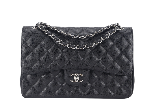 CHANEL CLASSIC FLAP JUMBO (1524xxxx) BLACK CAVIAR SILVER HARDWARE WITH  AND DUST COVER