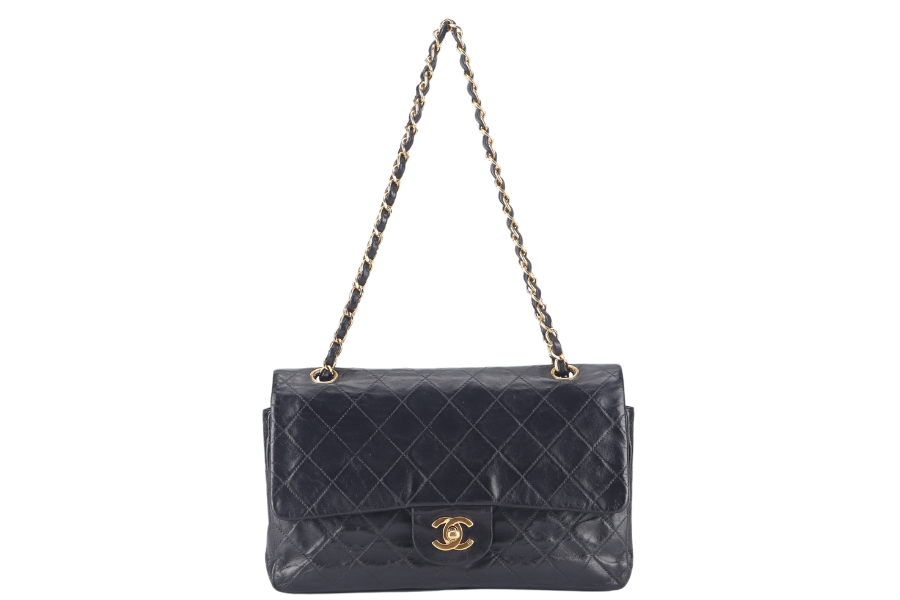 CHANEL VINTAGE CLASSIC DOUBLE FLAP (341xxxx) SMALL BLACK LAMBSKIN LEATHER GOLD HARDWARE NO DUST COVER
