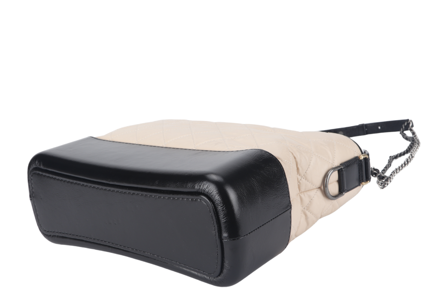 CHANEL GABRIELLE MEDIUM (254xxxx) BEIGE BLACK AGED CALFSKIN GOLD TONE/SILVER TONE & RUTHENIUM HARDWARE WITH DUST COVER