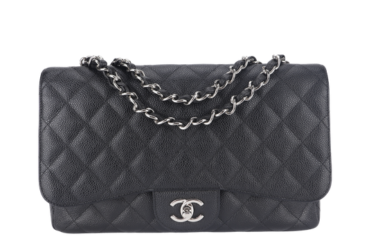 CHANEL CLASSIC FLAP JUMBO (1357xxxx) BLACK CAVIAR LEATHER SILVER HARDWARE WITH DUST COVER AND
