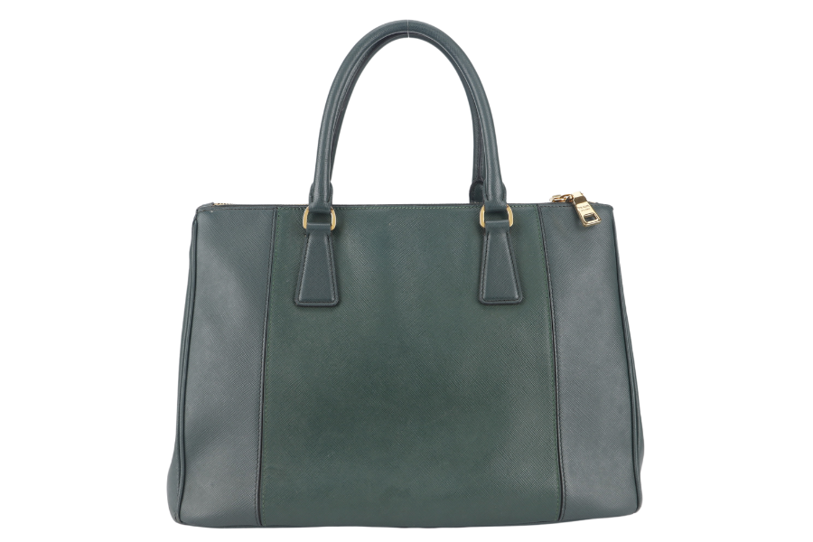 PRADA MEDIUM GALLERIA TOTE GREEN BICOLOR SAFFIANO LUX LEATHER GOLD HARDWARE WITH STRAPS AND DUST COVER