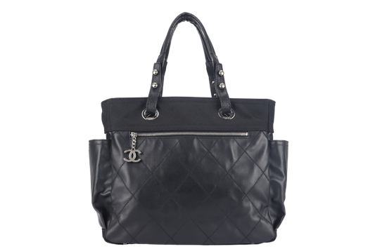 CHANEL PARIS BIARRITZ MEDIUM TOTE (1251xxxx) BLACK COATED CANVAS SILVER HARDWARE WITH , DUST COVER AND BOX