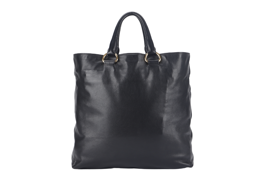 PRADA SHOPPING TOTE (BN1713) LARGE BLACK CALF LEATHER GOLD HARDWARE WITH STRAP AND DUST COVER
