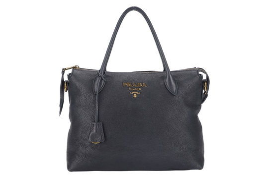 PRADA VITELLO MEDIUM BLACK LEATHER 2WAYS BAG GOLD HARDWARE WITH STRAP